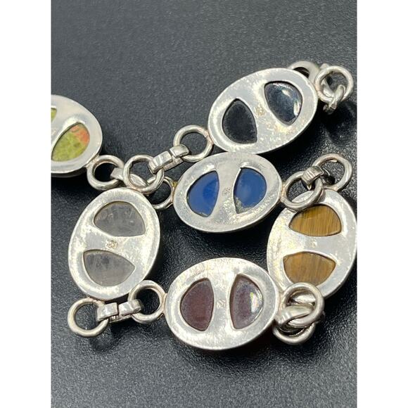 Sterling Silver Scarab Carnelian Lapis Tiger Eye Six Natural Stones Bracelet 8” - Picture 8 of 9